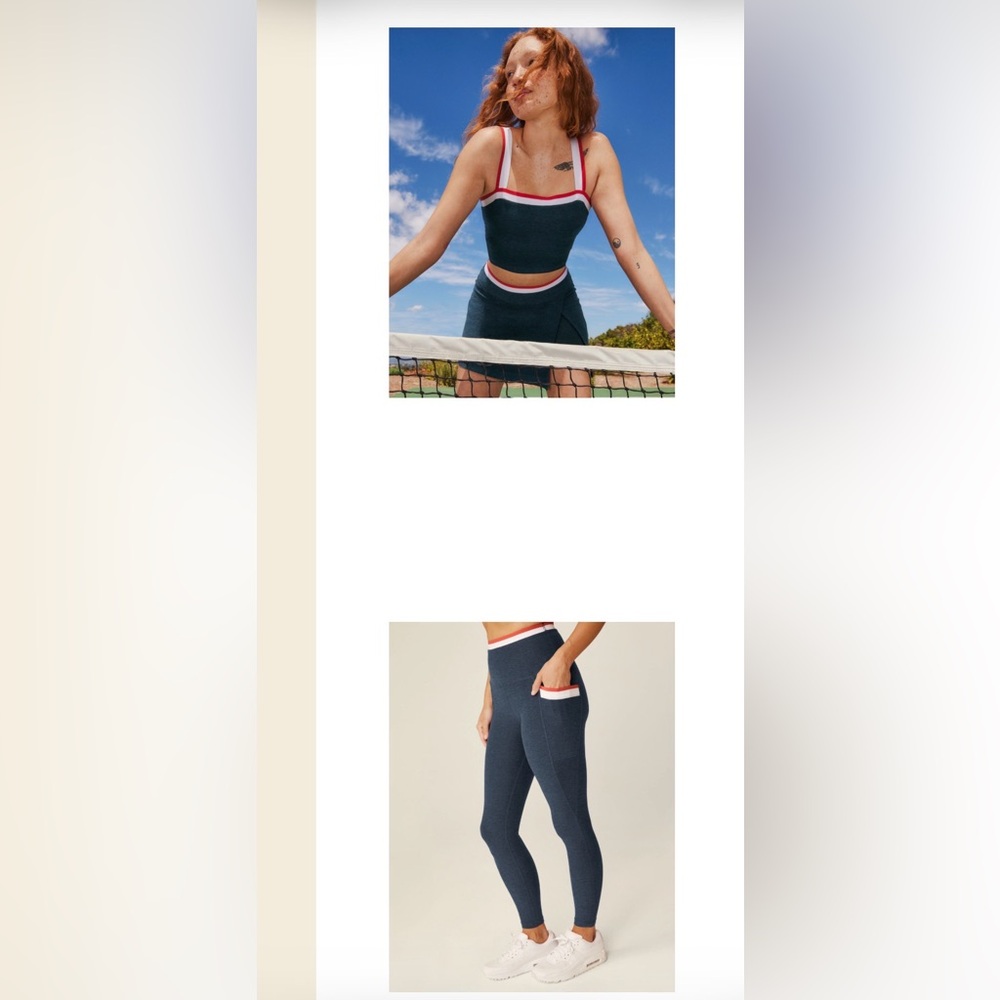 Beyond Yoga Navy with Red & White Waistband leggings and top NEW